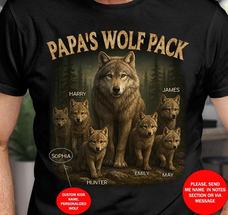 Papa's Wolf Pack Custom Grandpa With Kids Names Shirt T-Shirt Sustainable Cotton Hoodie, Sweatshirt | TeeBloomCo.com