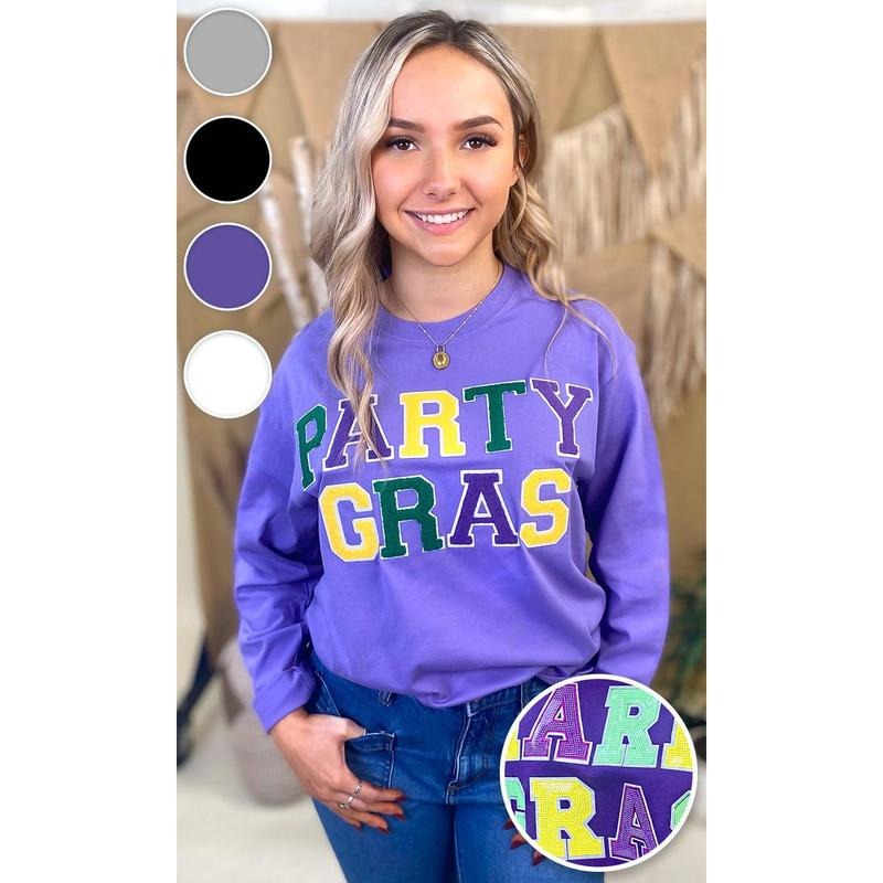 Party Gras Soft Chenille Graphic Long Sleeve T-Shirt Hoodie, Sweatshirt | TeeBloomCo.com
