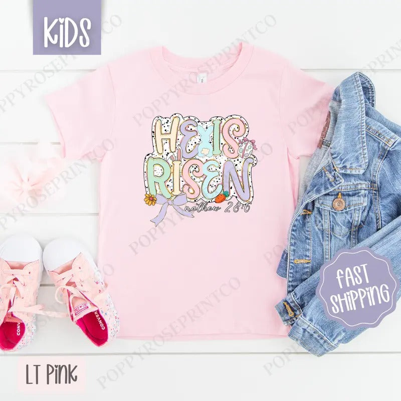 Pastel He is Risen Kids Shirt - Easter Children's Tshirt - Cute Youth Tee Gildan Hoodie, Sweatshirt | TeeBloomCo.com