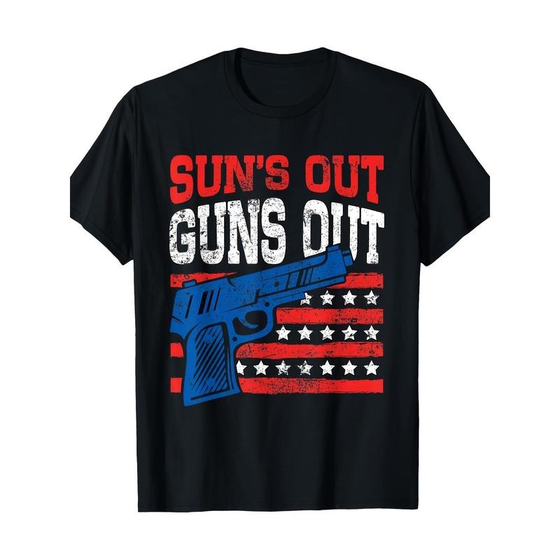 Patriotic American Flag & Pistol Graphic Tee - 100% Cotton, Short Sleeve, Crew Neck T-Shirt for Men