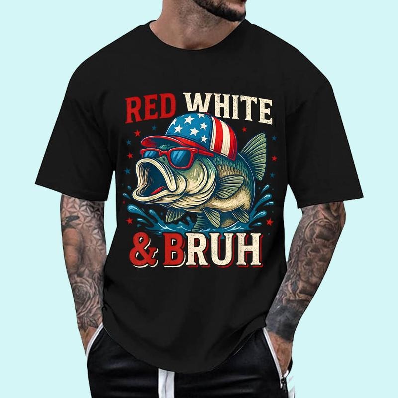 Patriotic Red White & Bruh America Fish Fishing 4th Of July Unisex T-Shirt, Cotton 100%, Top Trending Fashion Hoodie,...
