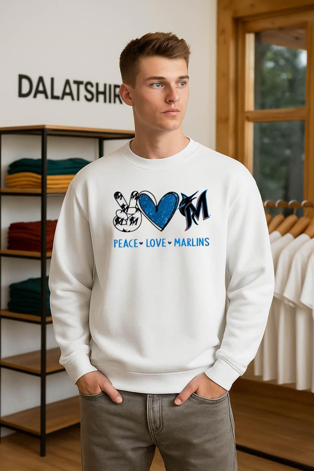 Peace Love Marlins Miami Blue Heart Fish logo shirt