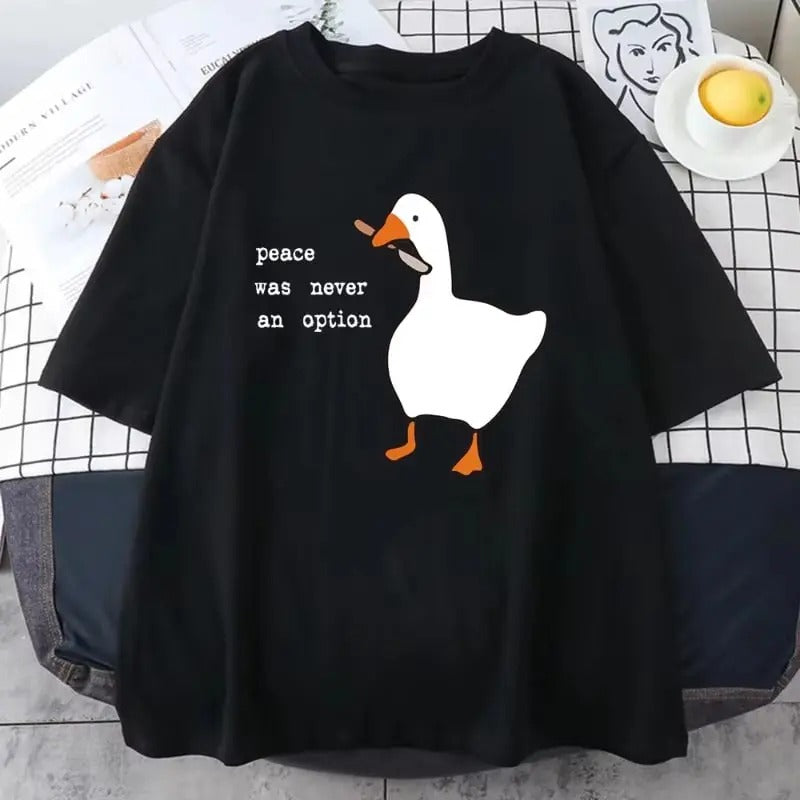 Peace Was Never An Option Letter Printed Men Cotton T-shirt Creative Duck Print Men's Tshirt Fashion Casual Loose Couple...