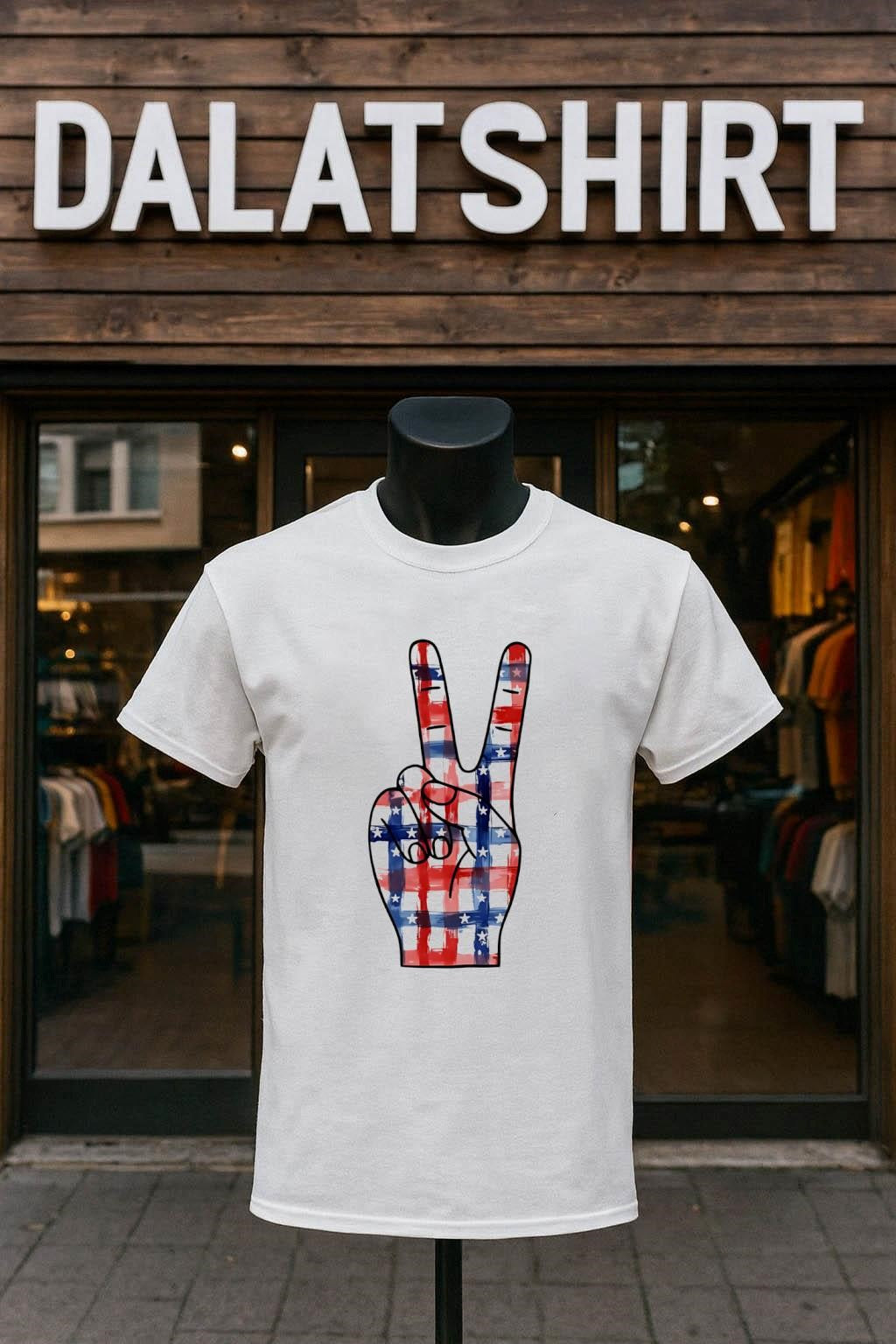 Peace sign hand with American flag stars and stripes shirt