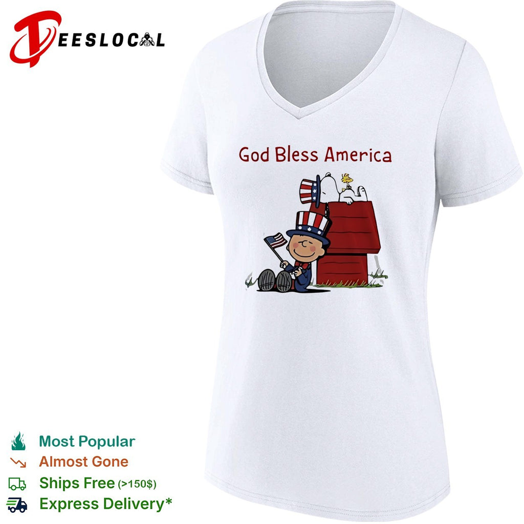 Peanuts Snoopy and Charlie Brown God bless America patriotic doghouse shirt
