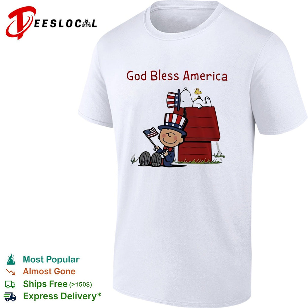 Peanuts Snoopy and Charlie Brown God bless America patriotic doghouse shirt