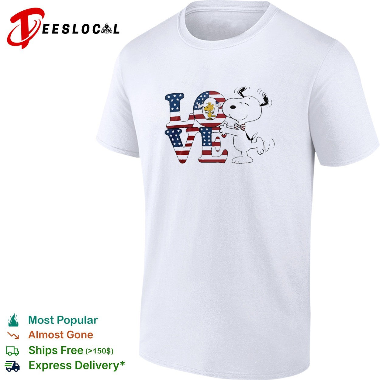 Peanuts Snoopy and Woodstock love American flag patriotic typography shirt