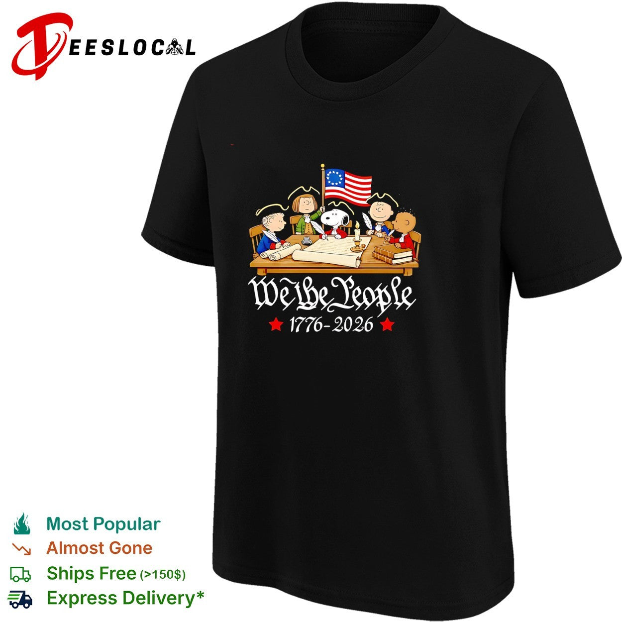 Peanuts characters we the people 1776 2026 signing declaration table scene shirt