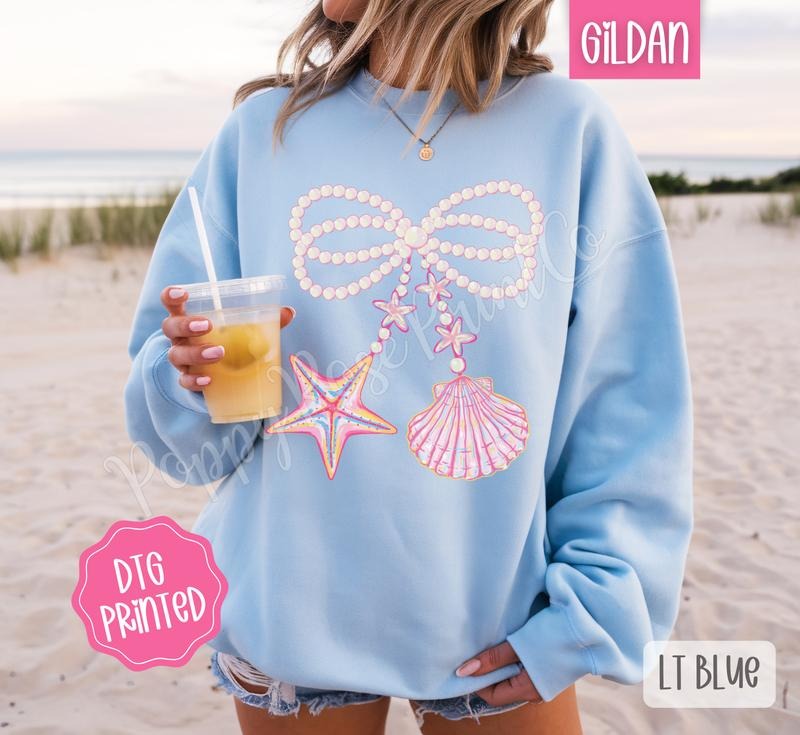Pearl Shell Bow Sweatshirt, Cute Summer Sweater, Girly Beach Crewneck T-Shirts, Hoodie | TeeBloomCo.com