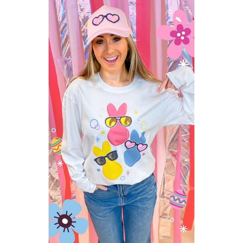 Peeps with Sequin Sunglasses Easter Graphic Long Sleeve T-Shirt Hoodie, Sweatshirt | TeeBloomCo.com