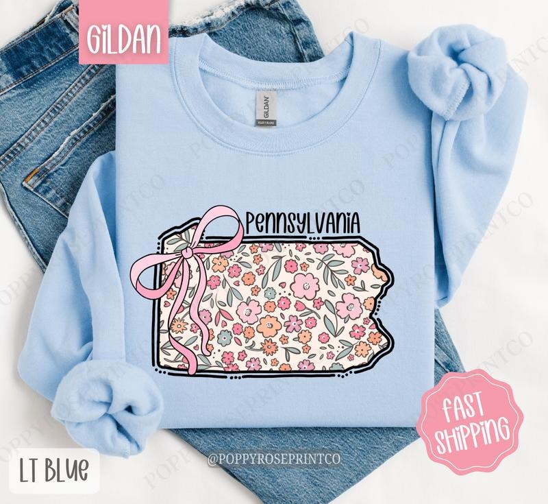 Pennsylvania Floral Bow Gildan Sweatshirt, Cute Trendy State Coquette Pullover T-Shirts, Hoodie | TeeBloomCo.com