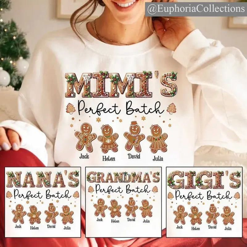 Personalized Custom Grandma's Perfect Batch Sweatshirt, Grandma Christmas Shirt with Gingerbread Grandkids name, Custom...