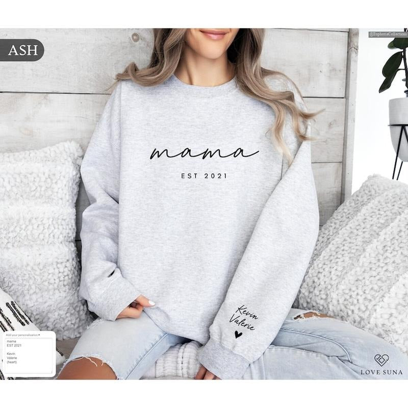 Personalized Mama Est Sweater Hoodie Kid Names on Sleeve, Custom Mothers Day Birthday Gift, New Mom Sweatshirt , Global...