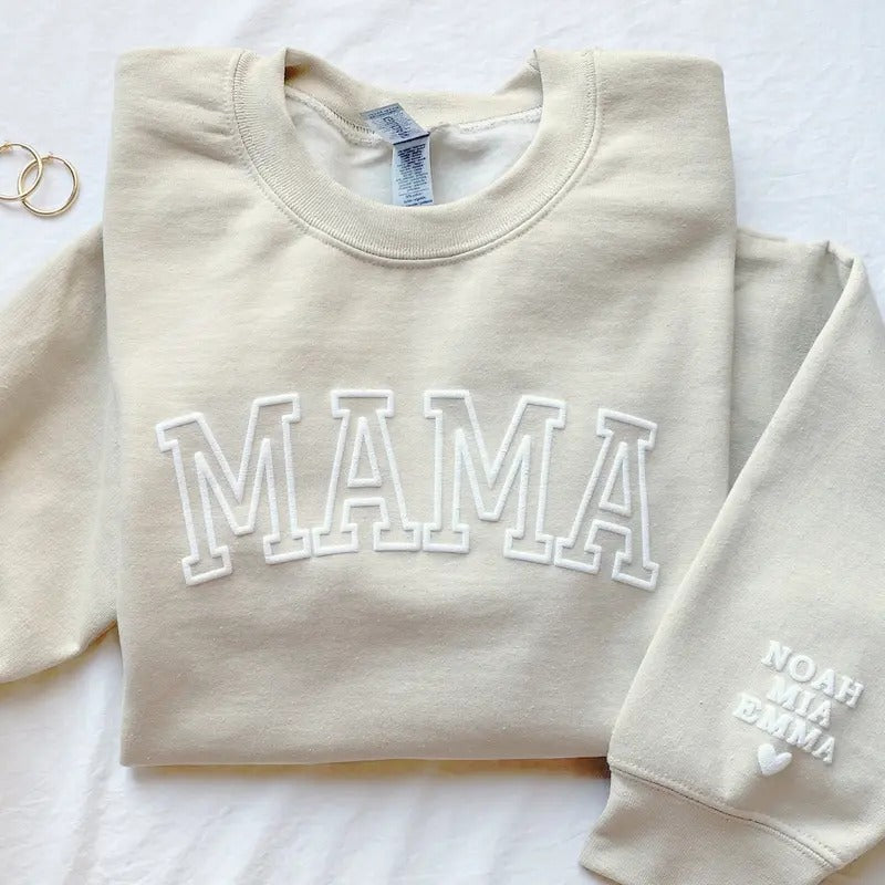 Personalized Mama Sweatshirt with Names on Sleeve, Mama Puff Print, Mothers Day Shirt, Embrossed Mama Sweatshirt, New Mom...