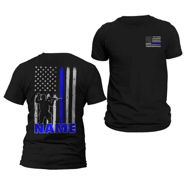 Personalized Police Officer Thin Blue Line Flag T-Shirt with Custom Name and Badge Option