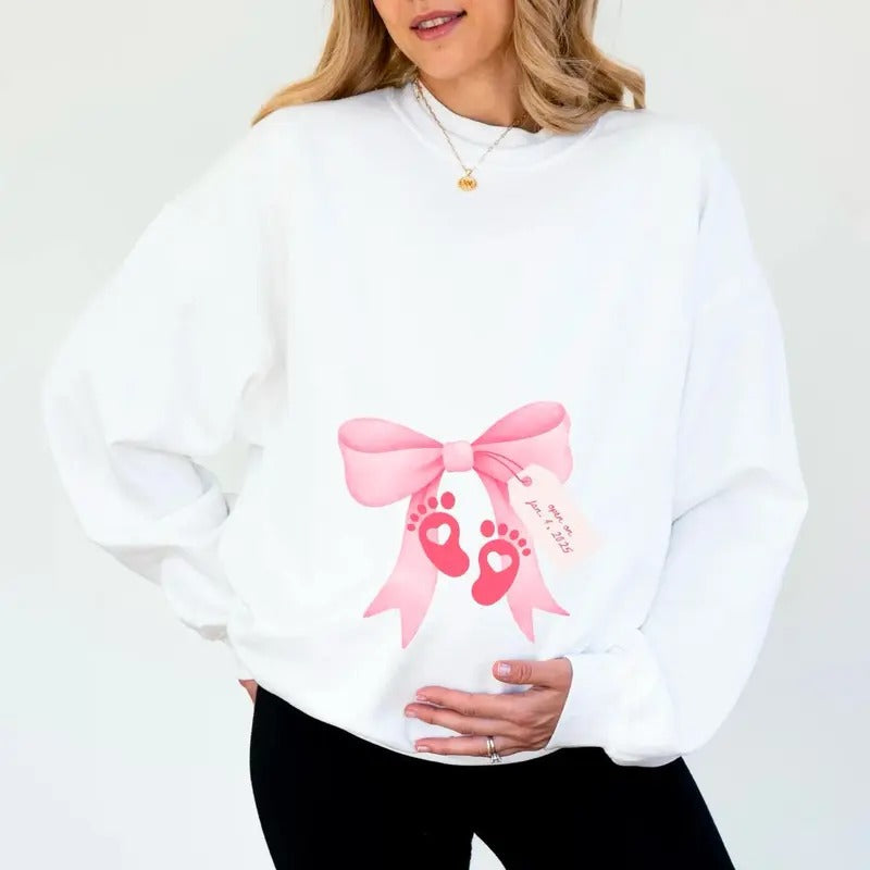 Personalized Pregnancy Announcement Sweatshirt, Gift for Mom To Be, Pregnancy Reveal Shirt, Coquette Bow Gender Reveal...