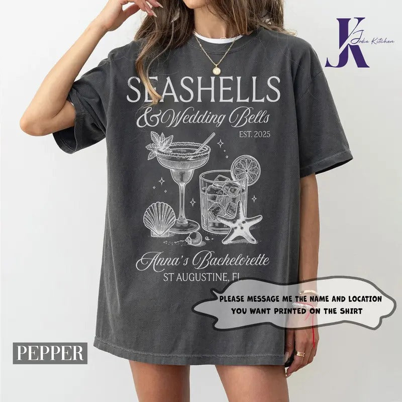 Personalized Seashells and Wedding Bells Bachelorette Party Shirt, Coastal Bridal Shower, Luxury Bach, Girls Weekend...