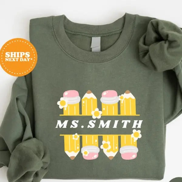 Personalized Teacher Sweatshirt, Retro Teacher Pencil Sweatshirt, Gift for Teacher, Mrs Custom Teacher T-Shirts, Hoodie
