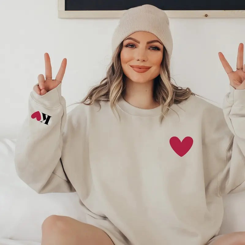 Personalized Valentines Sweatshirt for Women with Initial on Sleeve - Fabric, Cotton T-Shirts, Hoodie | TeeBloomCo.com