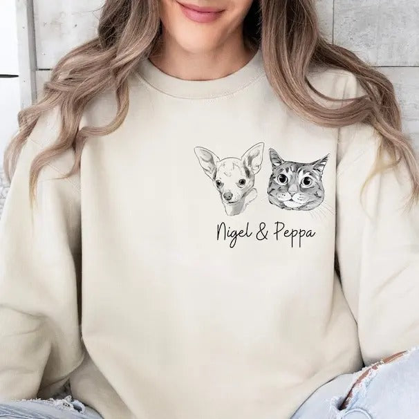 Pet Sweatshirt with Personalized Pet Sketch | Cozy Gift for Pet Lovers T-Shirts, Hoodie | TeeBloomCo.com