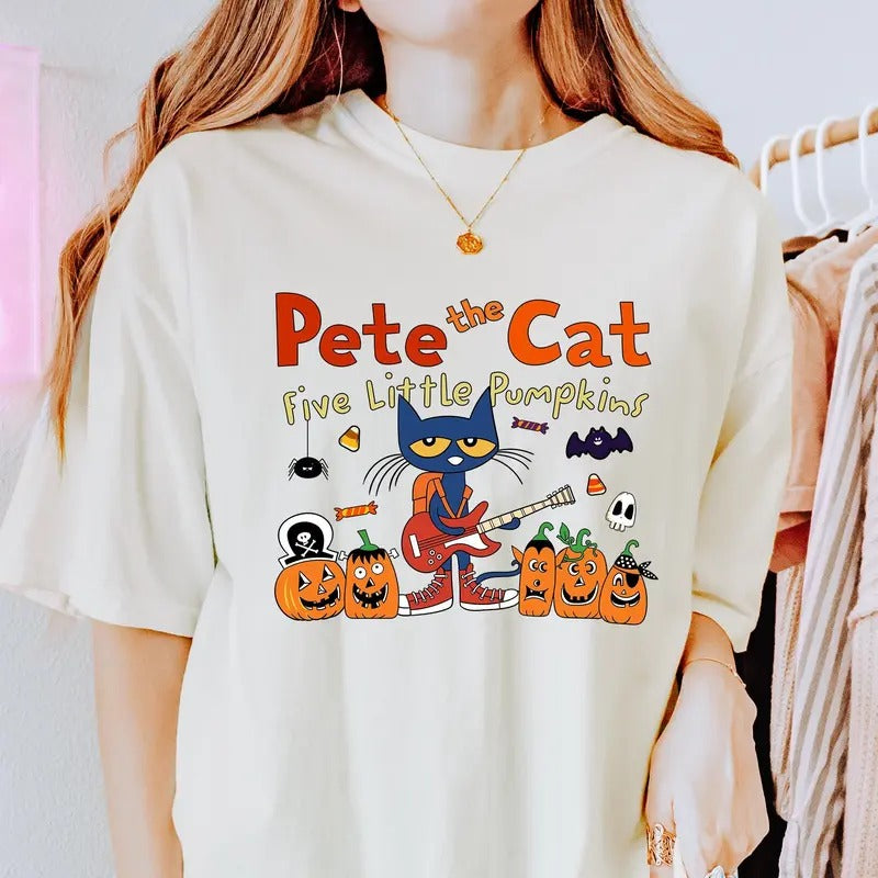 Pete The Cat Five Little Pumpkin Shirt Groovy Cat Halloween Shirt Spooky Cool Cat Shirt Trick Or Teach Shirt Spooky...