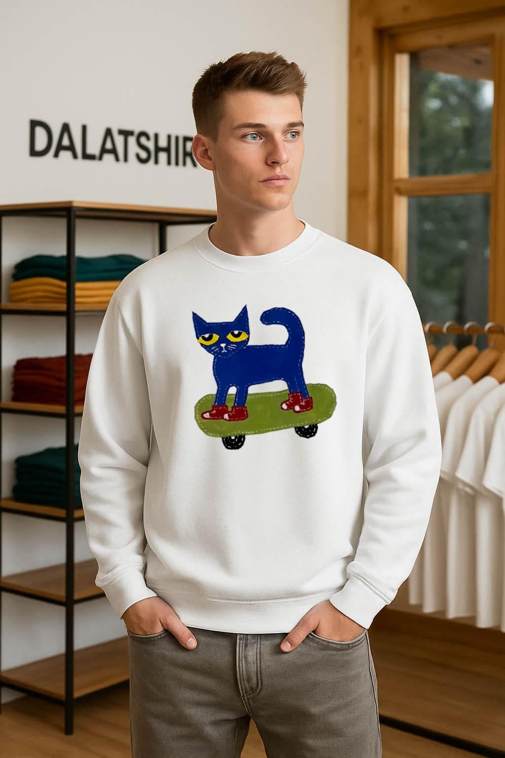 Pete the Cat on Skateboard wearing Red Shoes shirt