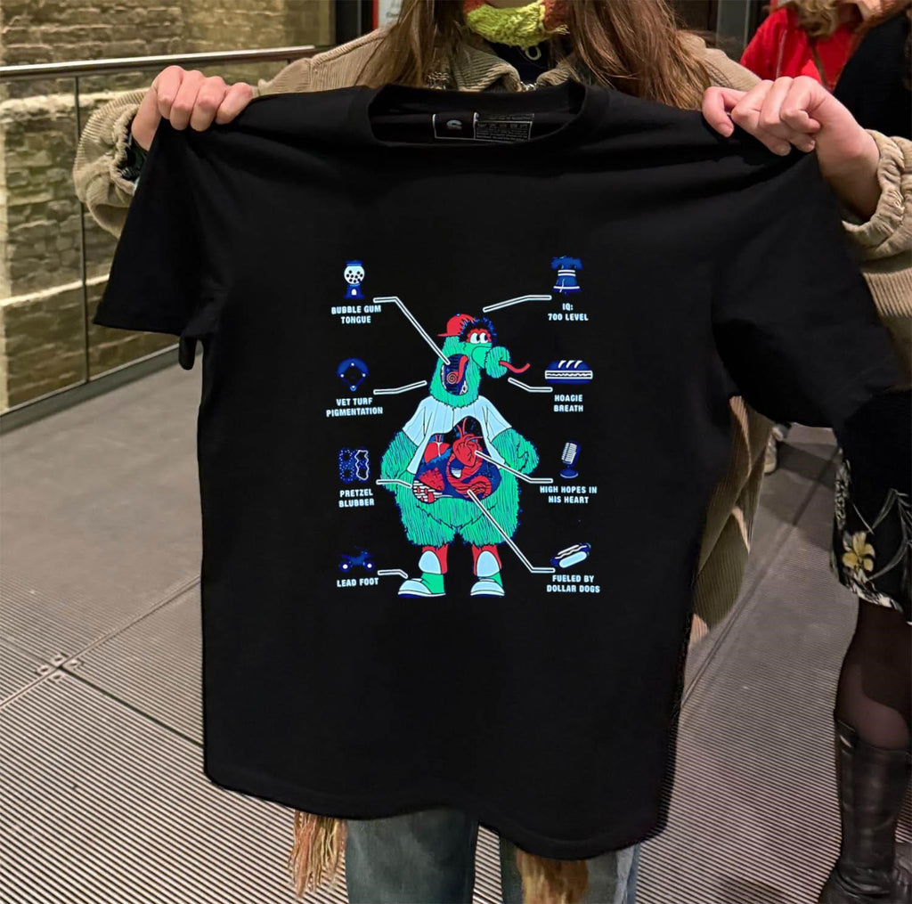 Phillie Phanatic Anatomy Bubble gum tongue Hoagie breath shirt