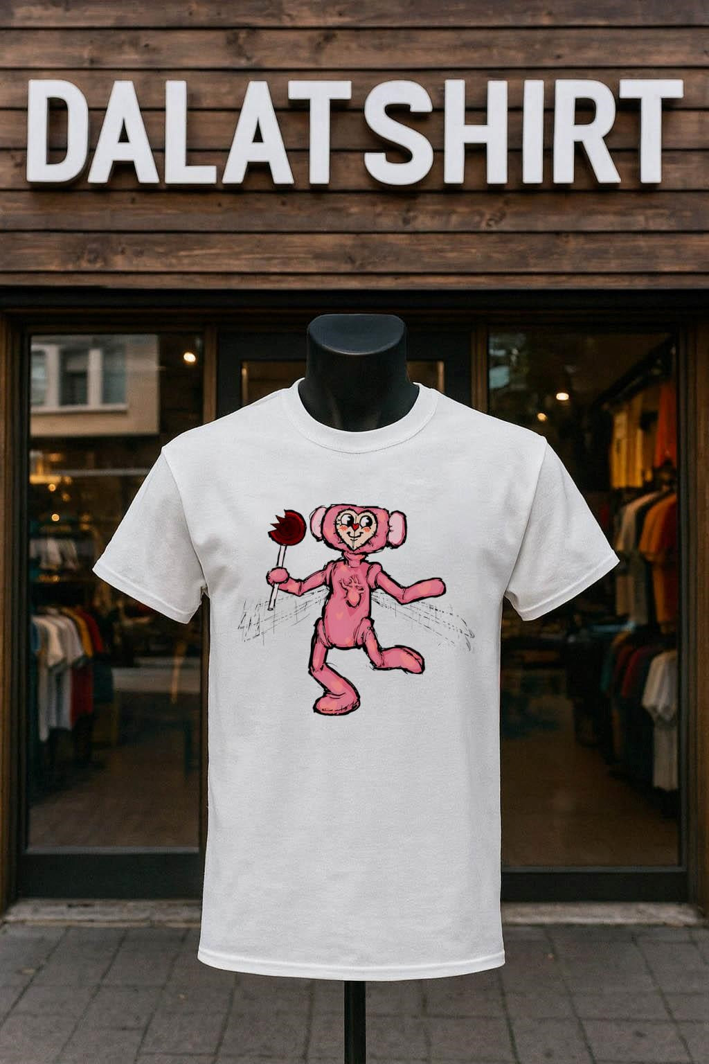 Pink heart face character holding a bitten red lollipop shirt