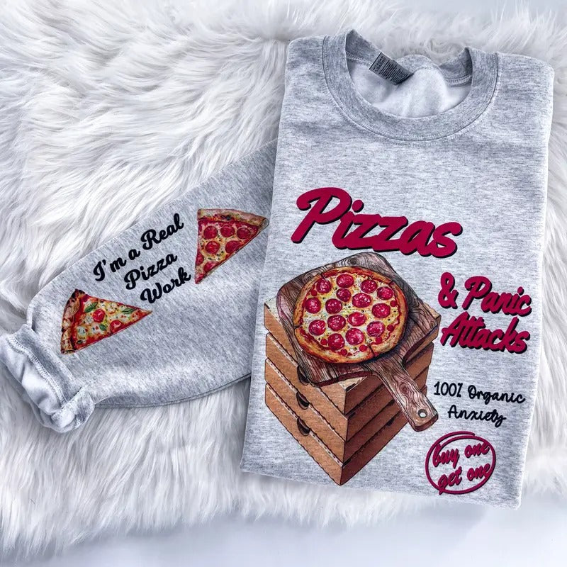 Pizza and Panic Attacks Anxiety Sweatshirt or Hoodie with sleeve prints Comfy Unisex Tops T-Shirts | TeeBloomCo.com
