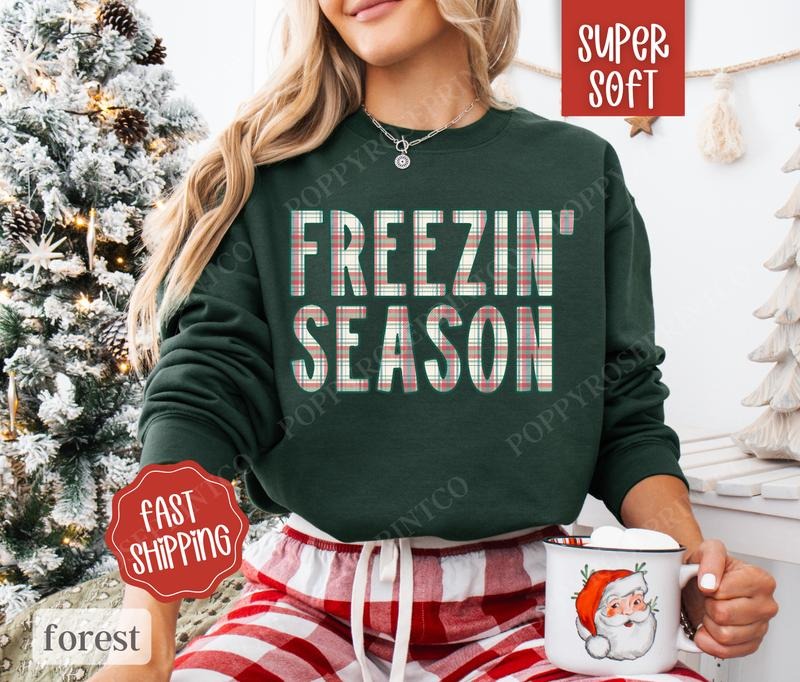Plaid Freezin' Season Sweatshirt, Cute Women's Crewneck, Winter Women's Sweater T-Shirts, Hoodie | TeeBloomCo.com