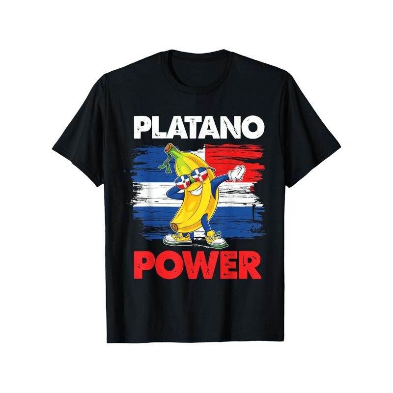 Platanos Power Dominican Flag Print T-Shirt - Cotton, Casual Crew Neck, Short Sleeve, All-Season Comfort, Slight Stretch,...