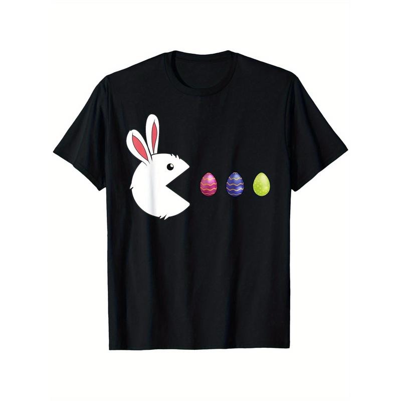 [Playful Charm] Funny Easter Bunny Egg Video Game T-Shirt - 100% Cotton, Black with White Rabbit & Colorful Eggs Design,...
