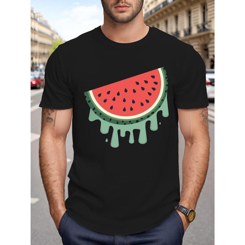 Plus Size Men's T-Shirt Summer Tee, Watermelon Graphic Print, Short Sleeve, Trendy Casual Tops For Daily Life, Soft...