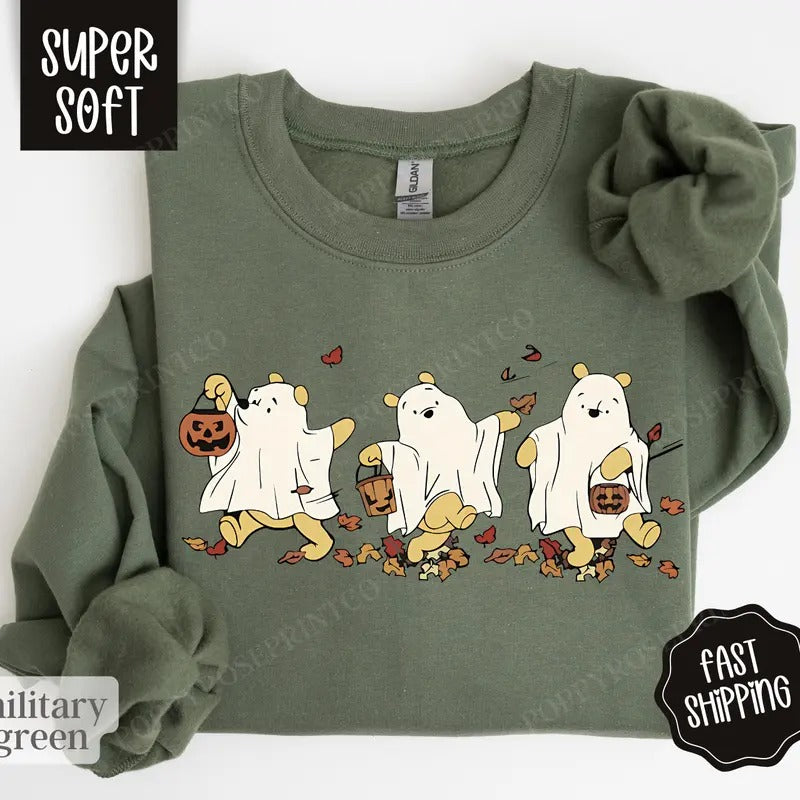 Pooh Bear Halloween Sweatshirt, Cartoon Bear Halloween Sweater, Women's Fall Crewneck T-Shirts, Hoodie | TeeBloomCo.com