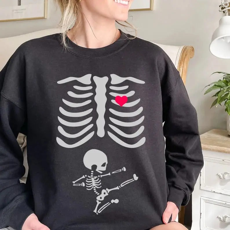 Pregnant Belly Skeleton Sweatshirt, Skeleton Halloween Maternity Sweatshirt, Pregnant Women Costume, Halloween Unique Tee...