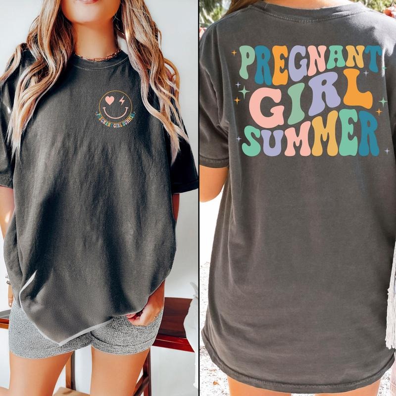 Pregnant Girl Summer Shirt, Retro Pregnant Girl Tshirt, Baby Announcement Shirt, Pregnancy Reveal Tee, Baby Shower Gift,...