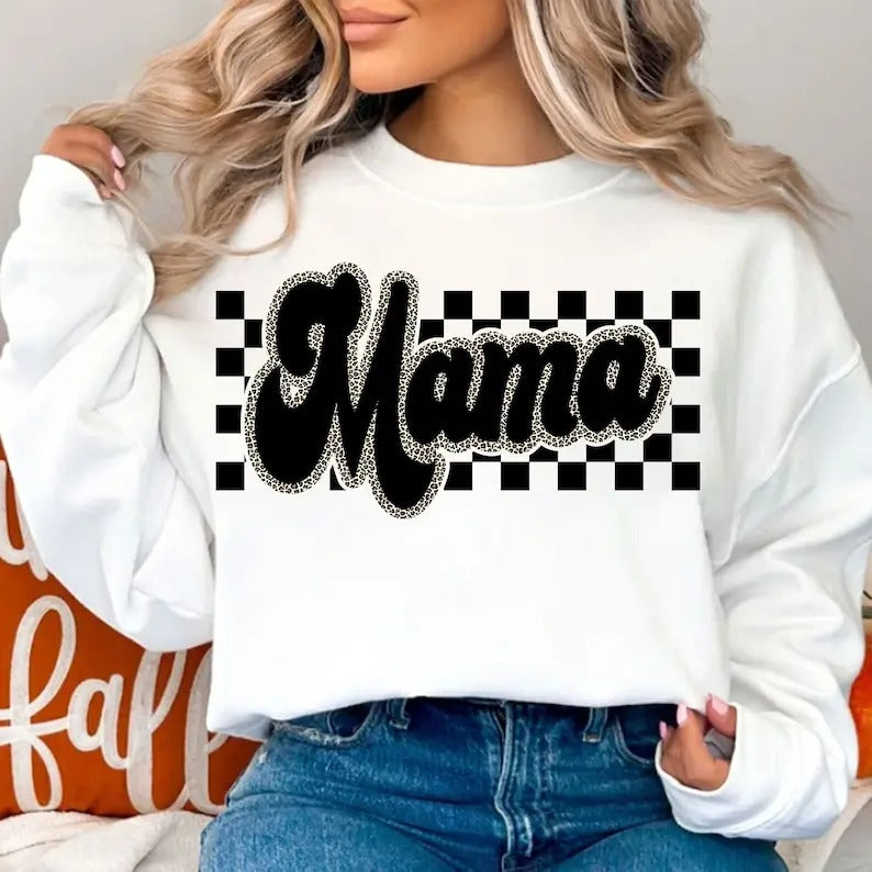 Premium  Checkered Mama Leopard Print , Trendy Mama , Retro Mama Sweatshirt T-Shirts, Hoodie | TeeBloomCo.com