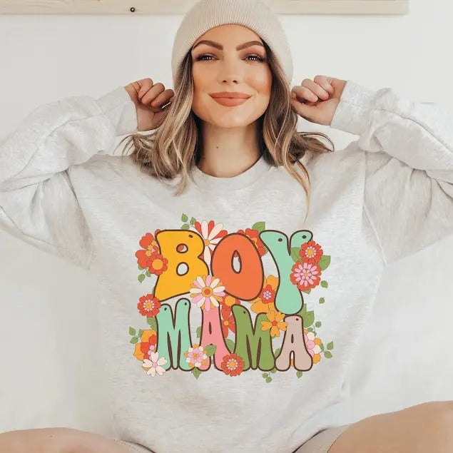 Premium  Floral Boy Mama Sweatshirt, Boy Mom Sweatshirt, Mothers Day Gift, Boy Mama Shirt, Mama Crewneck, Gift For Mom,...