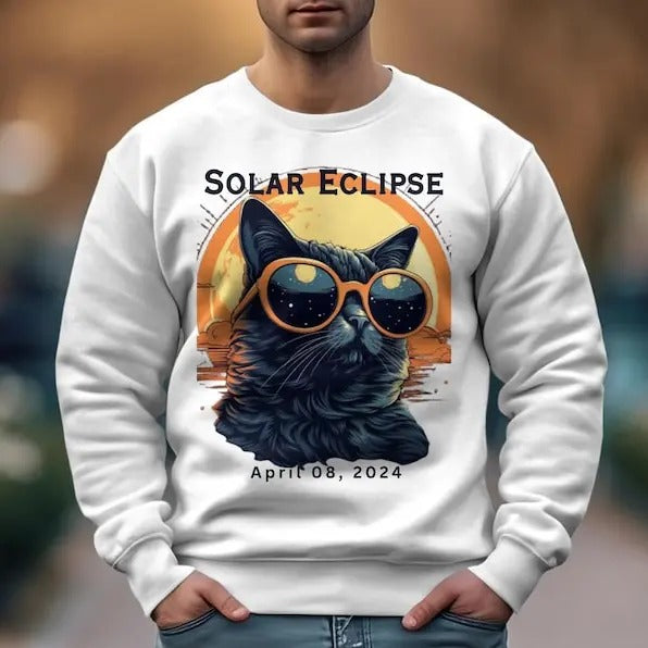 Premium  Solar Eclipse 2024 Cat Sunglasses T-Shirt, Ladies Unisex Crewneck Shirt, Cat Lovers, Astronomy, Science, Solar...