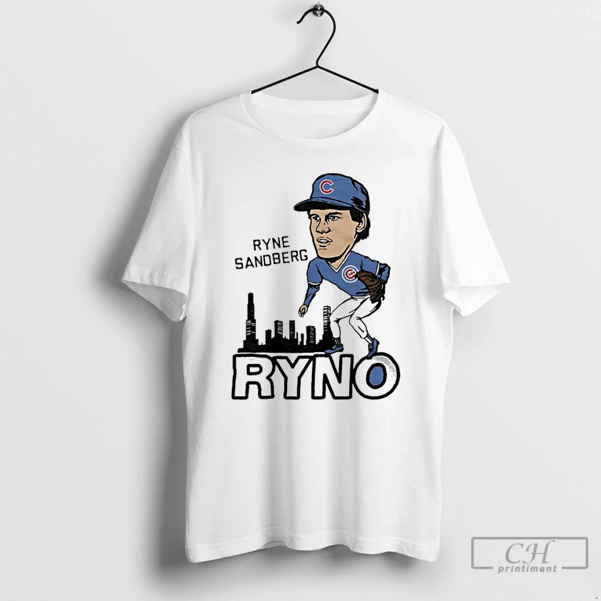 Premium Chicago Cubs Ryne Sandberg Ryno City Skyline Player Caricature T-Shirts, Hoodie, Sweatshirt | TeeBloomCo.com