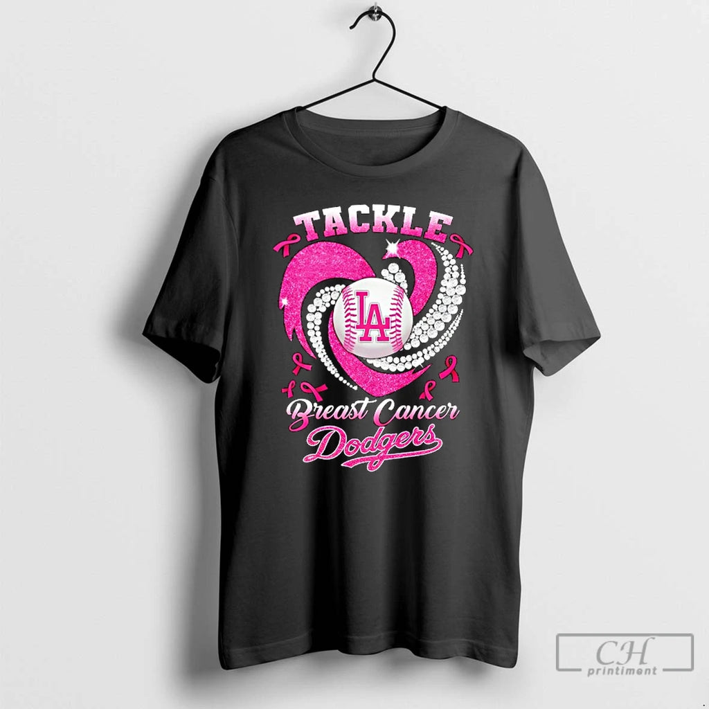 Premium Los Angeles Dodgers Breast Cancer Awareness Tackle Heart T Shirts