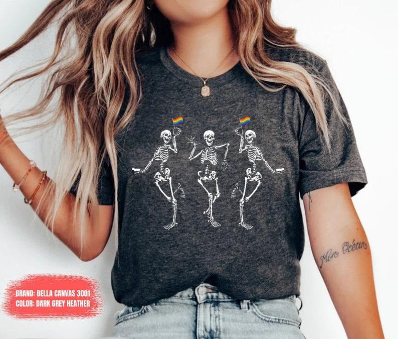 Pride Shirt - Women's Solid T-Shirt with Skeleton Graphic, Cotton Blend, Comfortable Fit, Ideal for LGBTQ+ Support and...