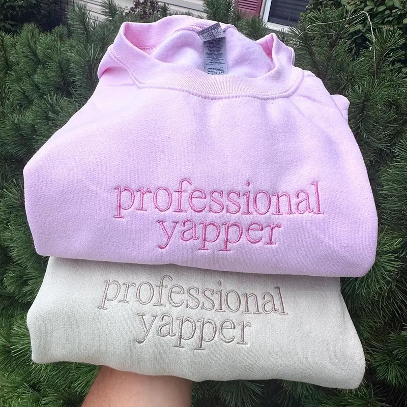 Professional Yapper Embroidered Sweatshirt - Casual Long Sleeve Crewneck Pullover, Pro Yapper Mom Gift, Women's Letter...