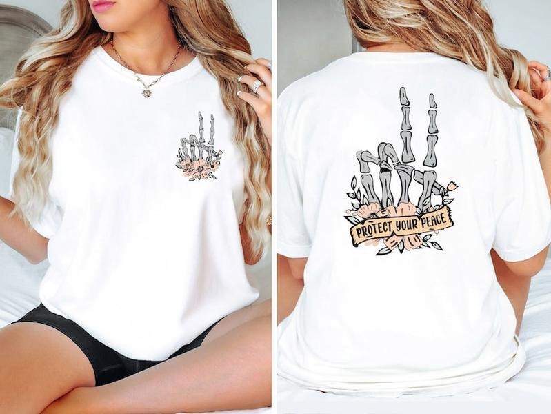 Protect Your Peace Shirt, Flower Skull Shirt, Skeleton Hand Shirt, Motivational Shirt, Dead Inside Shirt, Back And Front...