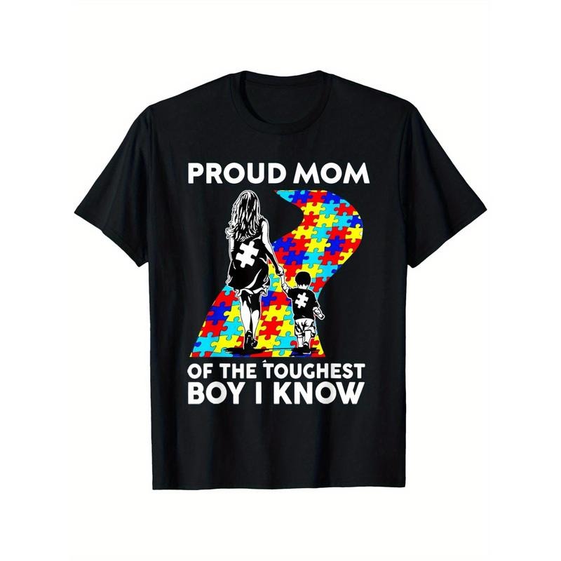 Proud Mom Graphic T-Shirt - 100%, Round Neck, Short Sleeve, Autism Awareness Design, Regular Fit, XL-XXXXXL, Casual &...
