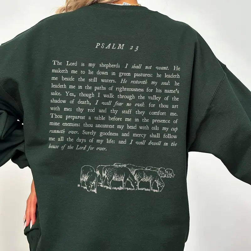 Psalm 23 Bible Verse Crewneck The Lord is My Shepherd Worship Sweatshirt Cotton Polyester T-Shirts, Hoodie | TeeBloomCo.com