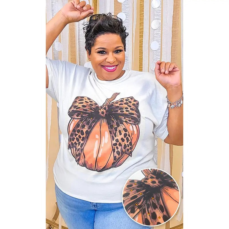 Pumpkin Cheetah Bow Rhinestone Graphic Shirt Hoodie, Sweatshirt | TeeBloomCo.com