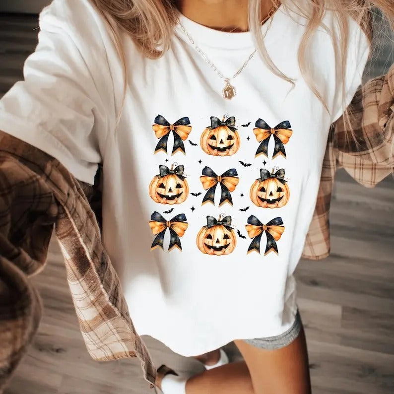 Pumpkin Halloween Shirt Halloween Coquette Bows Spooky Season Shirt Retro Vibes Shirt Cute Pumpkin Graphic Cotton...