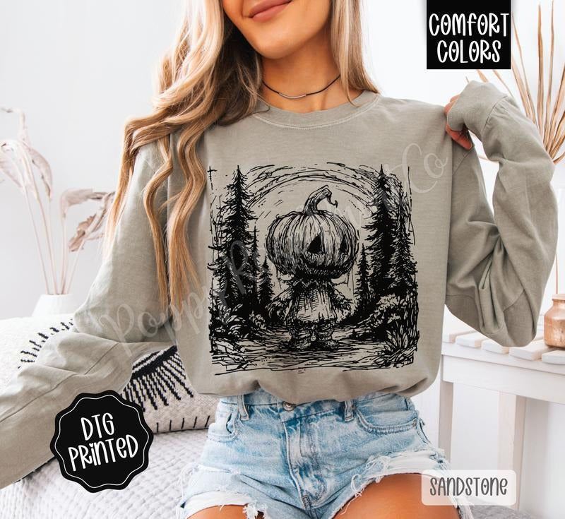Pumpkin Woods Long Sleeve TShirt, Trendy Women's Halloween Tee Hoodie, Sweatshirt | TeeBloomCo.com