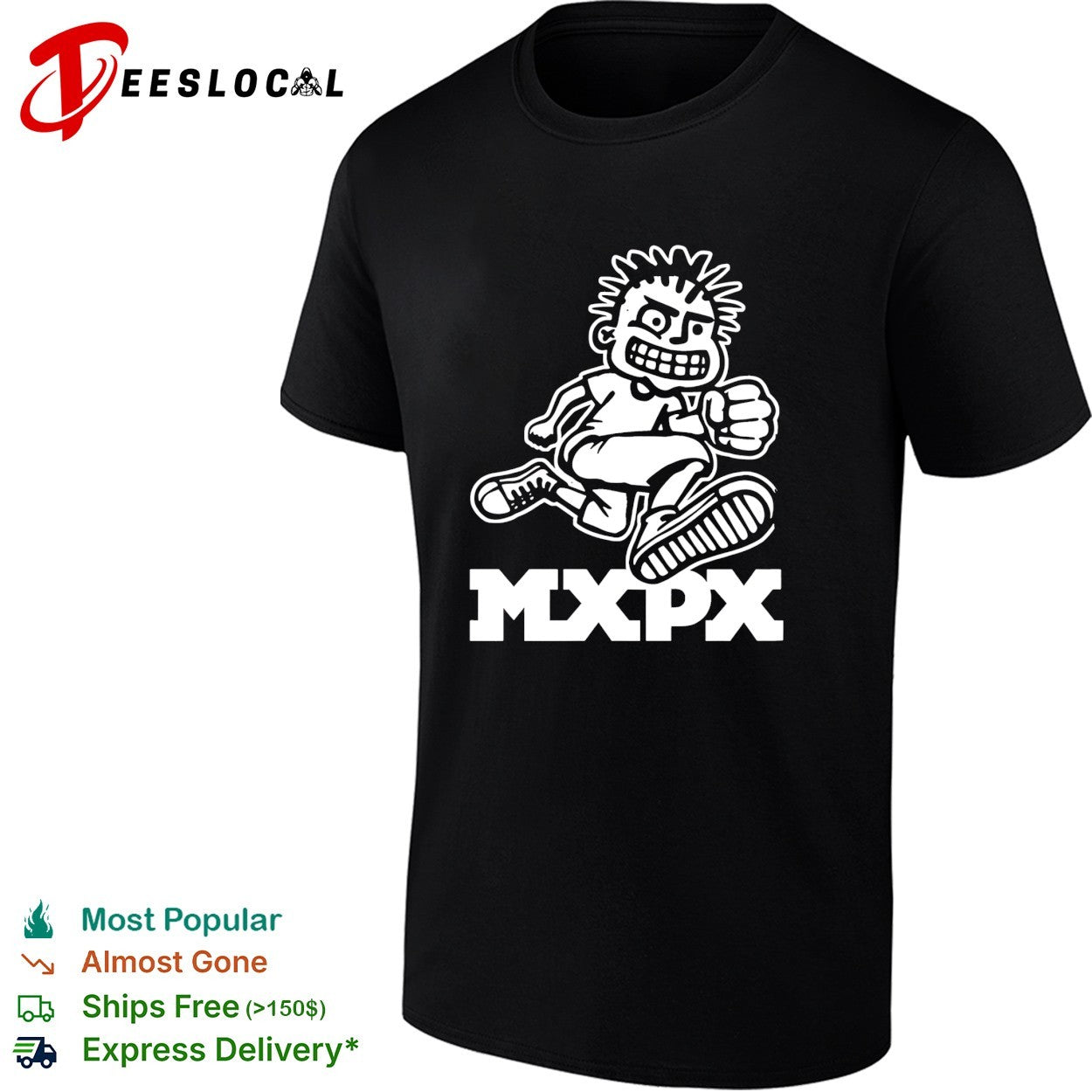 Punk rock cartoon mascot running fist bold band logo art shirt